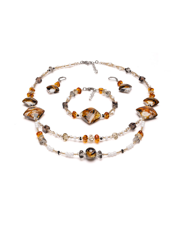 Parure Gabriela jaune – collier, bracelet et boucles d'oreilles en verre de Murano, portés