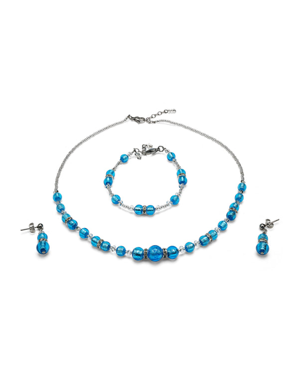 Conjunto Disney azul – collar, pulsera y pendientes de cristal de Murano, puestos