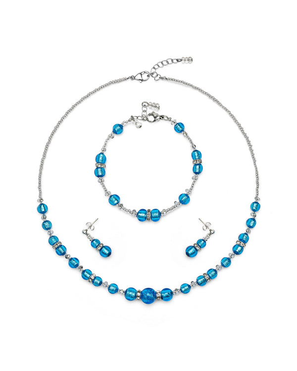 Conjunto Disney azul – collar, pulsera y pendientes de cristal de Murano