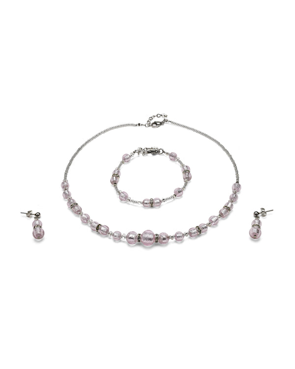 Conjunto Disney rosa – collar, pulsera y pendientes de cristal de Murano, puestos
