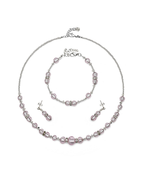 Conjunto Disney rosa – collar, pulsera y pendientes de cristal de Murano