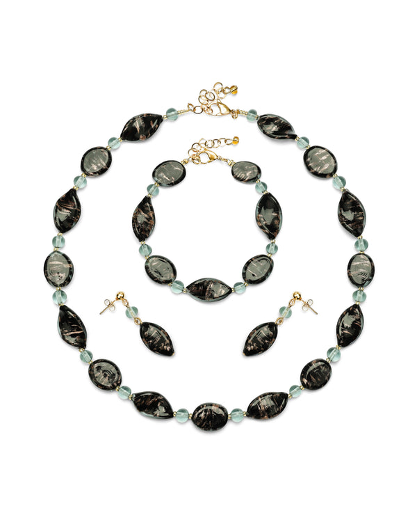Set Karen nero – collana, bracciale e orecchini in vetro di Murano