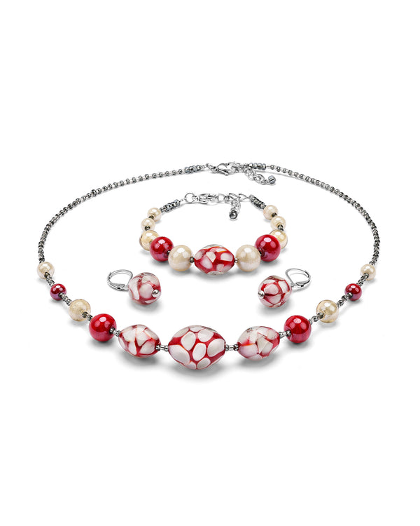 Parure Mosaico rouge – collier, bracelet et boucles d'oreilles en verre de Murano, portés