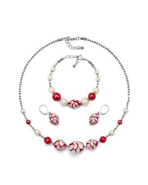 Parure Mosaico rouge – collier, bracelet et boucles d'oreilles en verre de Murano