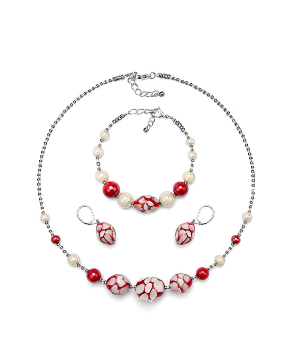 Parure Mosaico rouge – collier, bracelet et boucles d'oreilles en verre de Murano